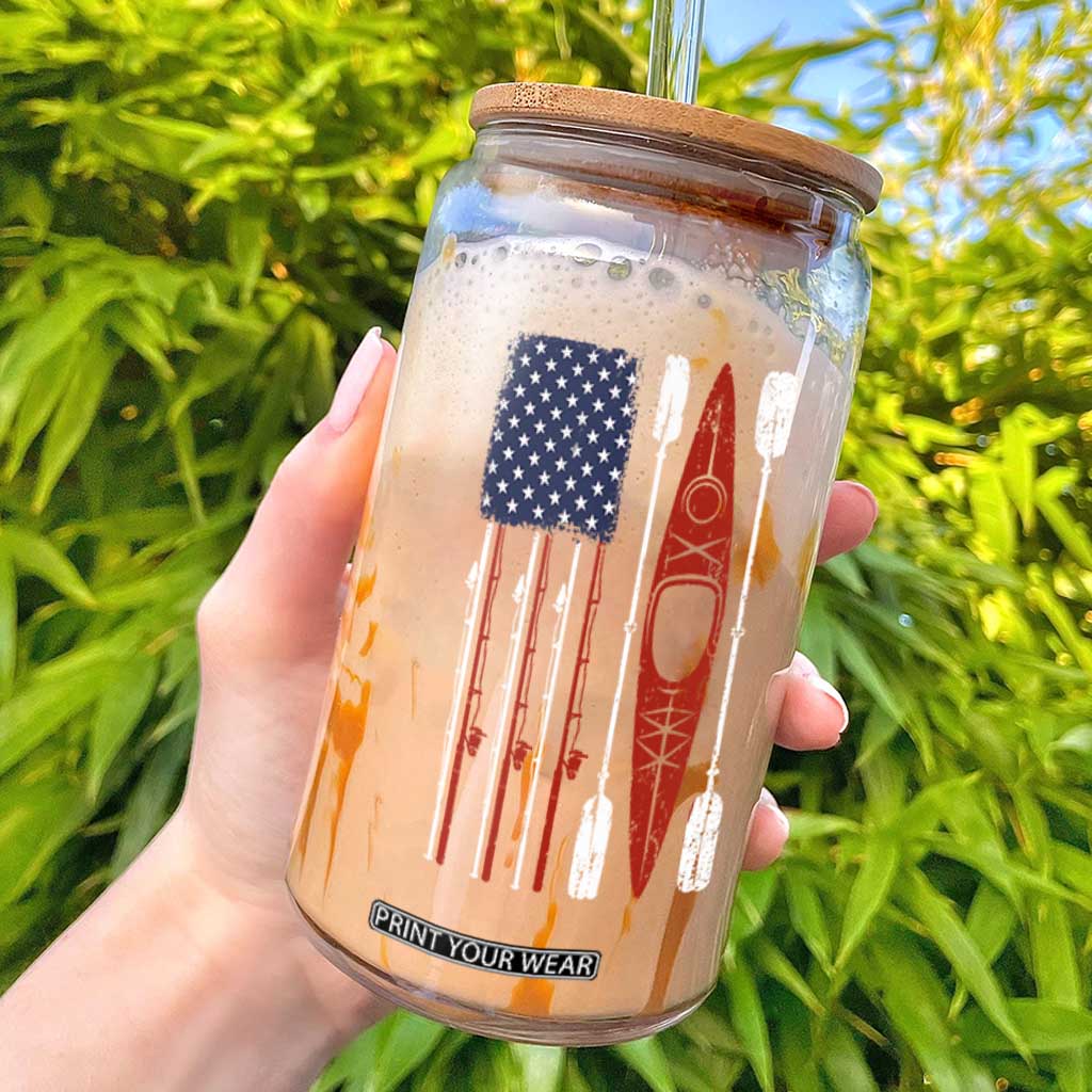 American Flag Kayak Fishing Graphic Glass Can Patriotic Kayaker Fisherman TS10 Black Print Your Wear