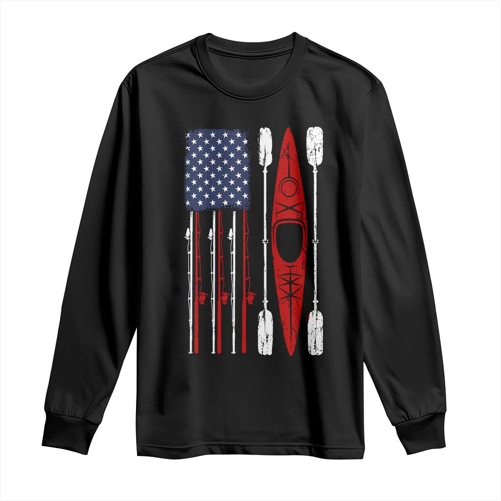 American Flag Kayak Fishing Graphic Long Sleeve Shirt Patriotic Kayaker Fisherman TS10 Black Print Your Wear