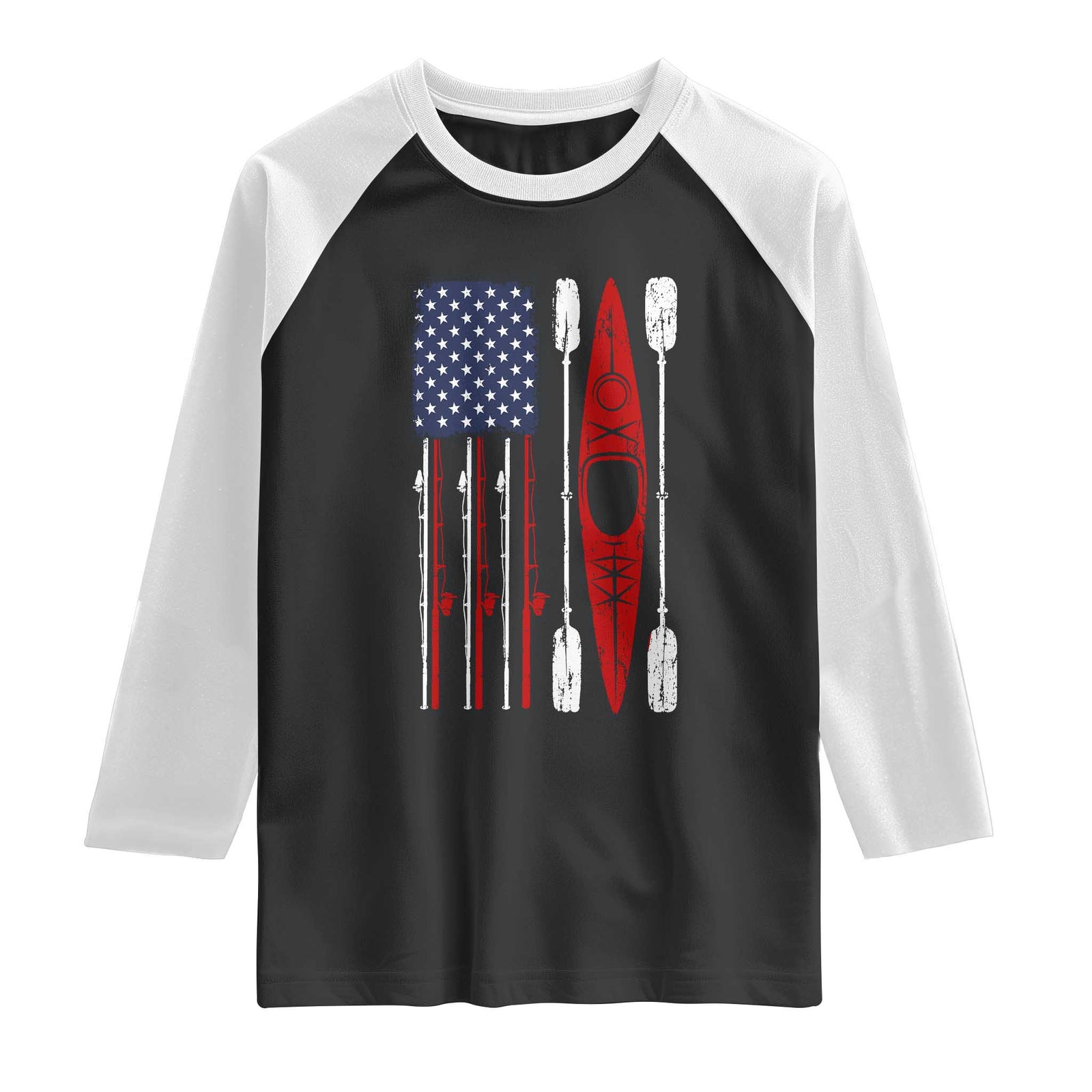 American Flag Kayak Fishing Graphic Raglan Shirt Patriotic Kayaker Fisherman TS10 Black White Print Your Wear