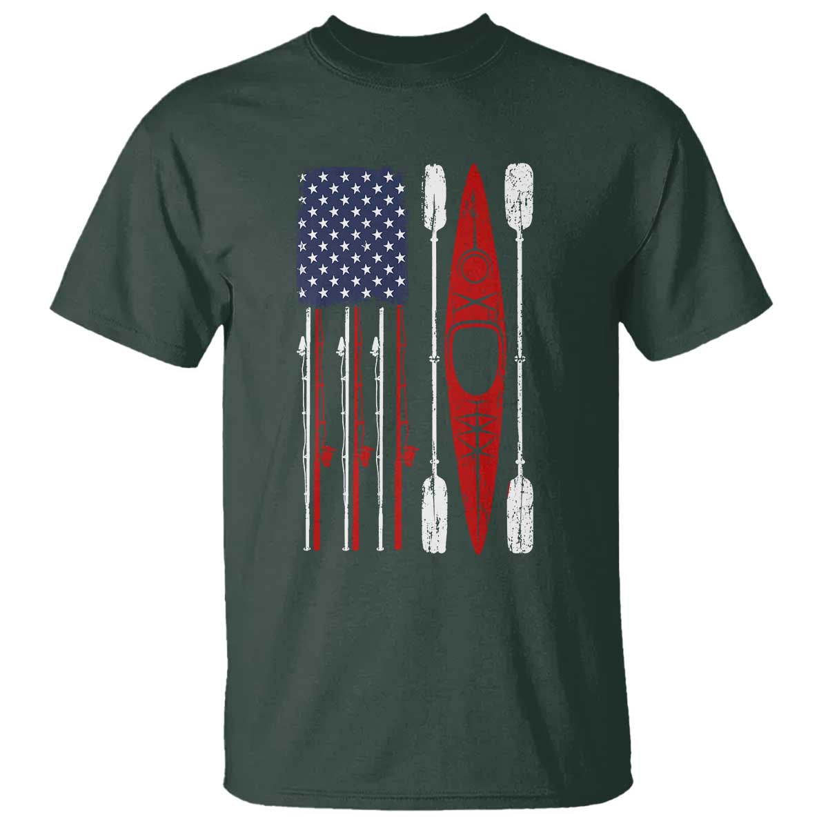 American Flag Kayak Fishing Graphic T Shirt Patriotic Kayaker Fisherman TS10 Dark Forest Green Print Your Wear