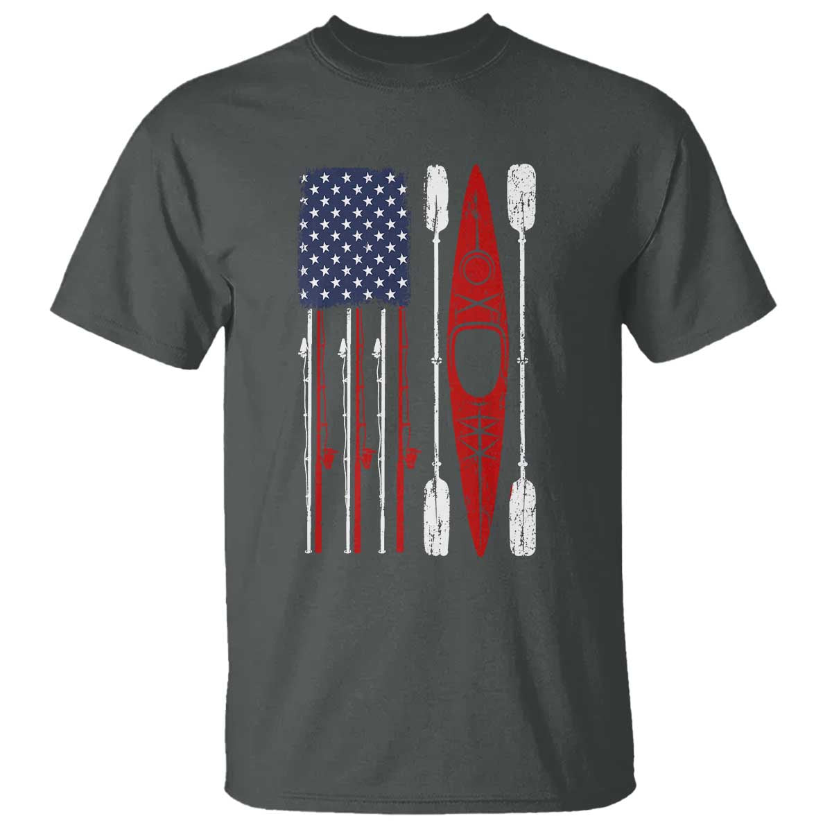 American Flag Kayak Fishing Graphic T Shirt Patriotic Kayaker Fisherman TS10 Dark Heather Print Your Wear