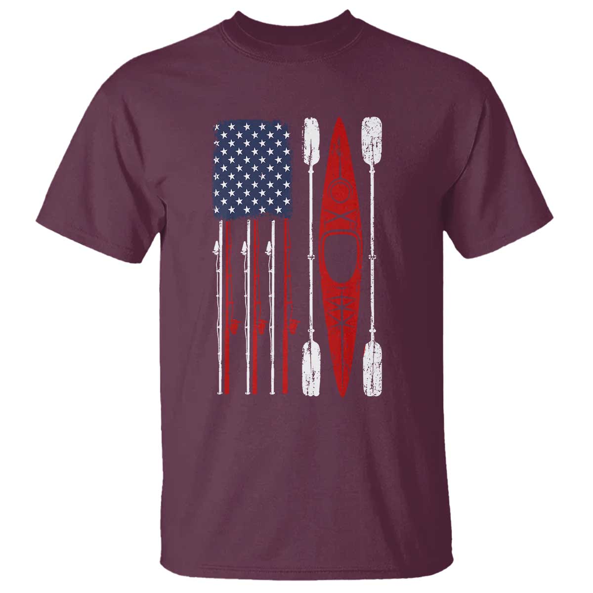 American Flag Kayak Fishing Graphic T Shirt Patriotic Kayaker Fisherman TS10 Maroon Print Your Wear