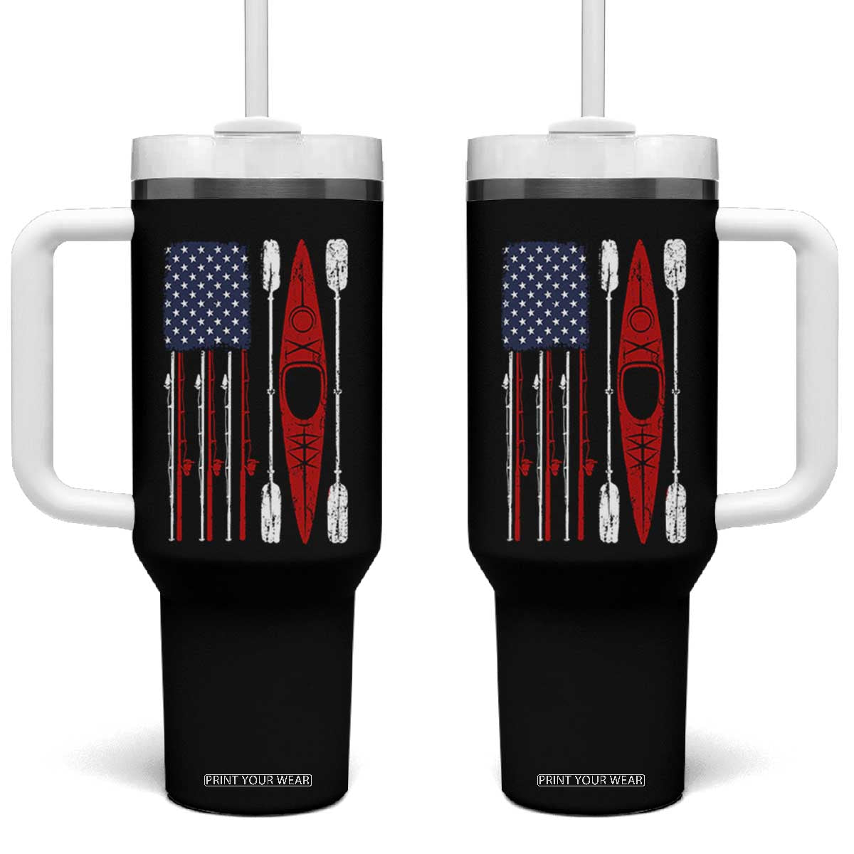 American Flag Kayak Fishing Graphic Tumbler With Handle Patriotic Kayaker Fisherman TS10 One Size: 40 oz Black Print Your Wear