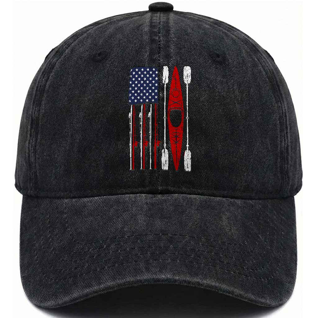 American Flag Kayak Fishing Graphic Washed Cotton Baseball Cap Patriotic Kayaker Fisherman TS10 Print Your Wear