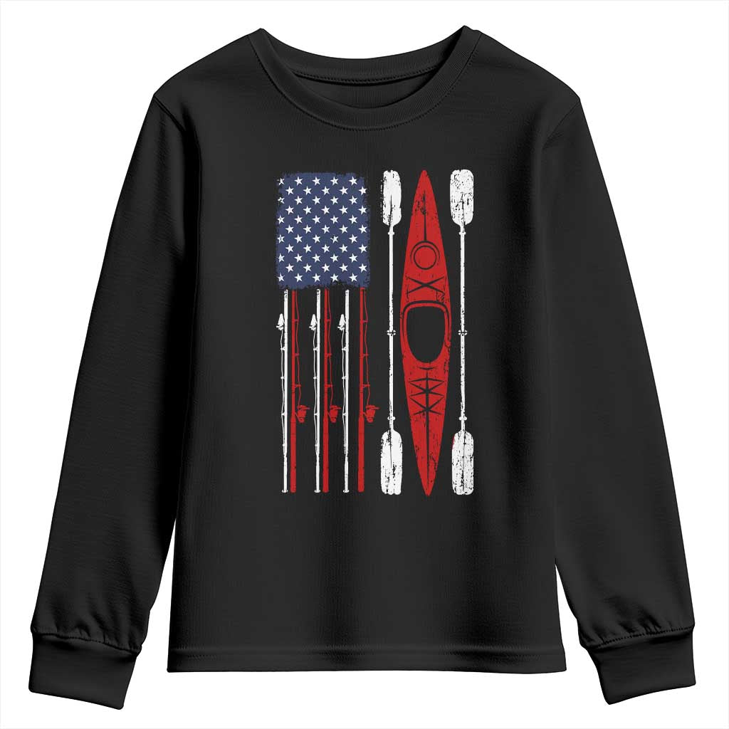 American Flag Kayak Fishing Graphic Youth Sweatshirt Patriotic Kayaker Fisherman TS10 Black Print Your Wear