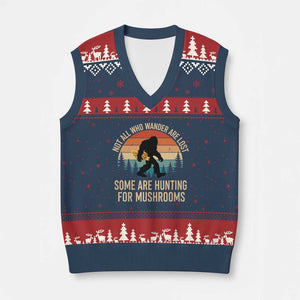 Bigfoot Mushroom Lovers V-Neck Knit Sweater Vest Retro Sasquatch Fungi Morel Mushroom