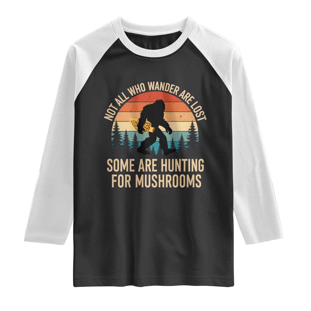Bigfoot Mushroom Lovers Raglan Shirt Retro Sasquatch Fungi Morel Mushroom