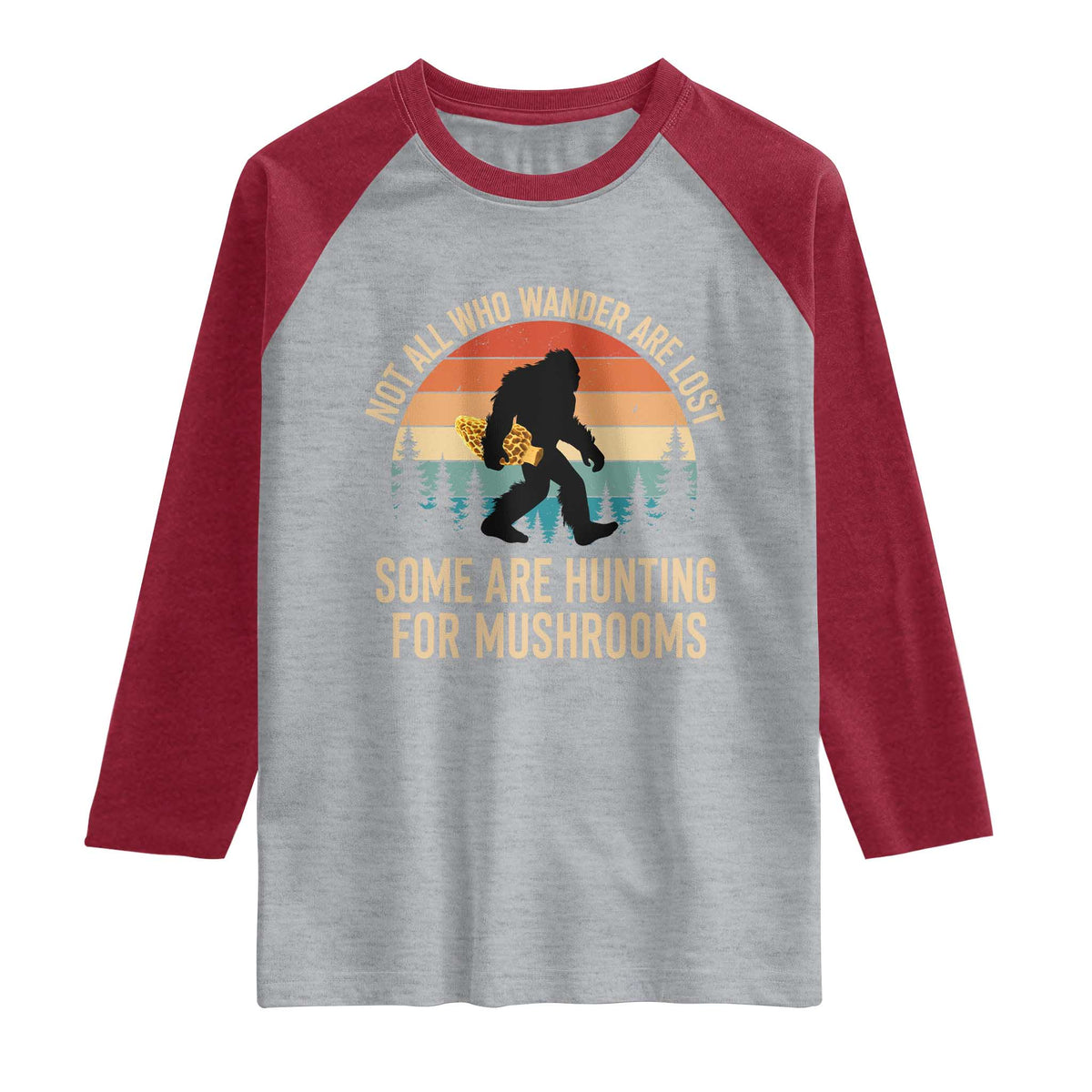 Bigfoot Mushroom Lovers Raglan Shirt Retro Sasquatch Fungi Morel Mushroom