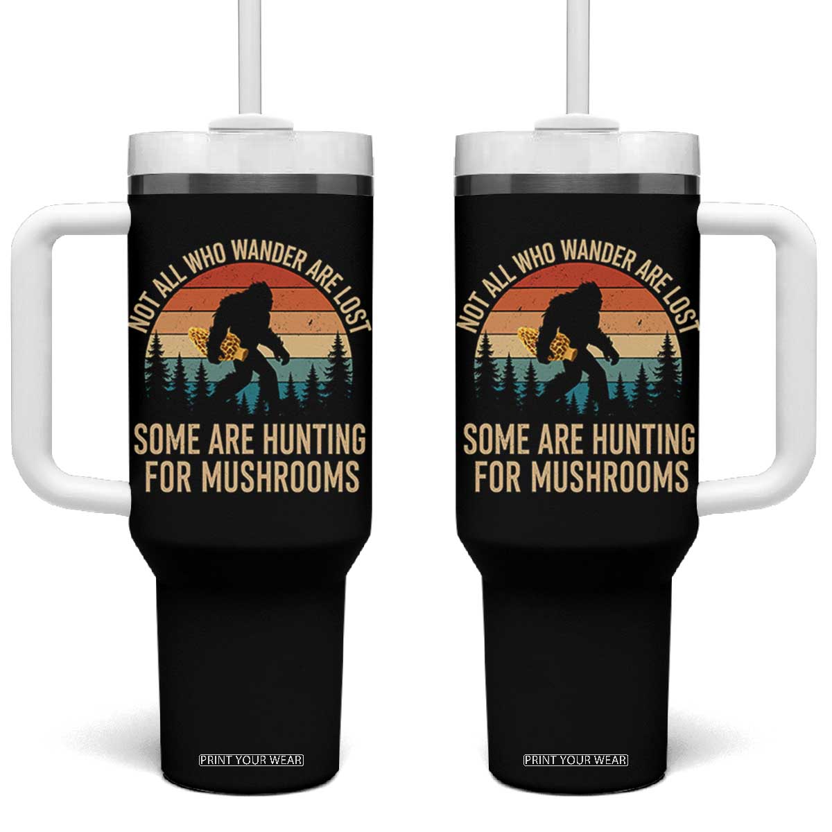 Bigfoot Mushroom Lovers Tumbler With Handle Retro Sasquatch Fungi Morel Mushroom