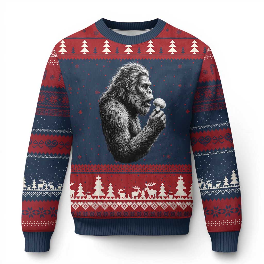 Bigfoot Mushroom Ugly Christmas Sweater Vintage Sasquatch Art Mystical Nature Lover Retro TS10 Navy Red Print Your Wear