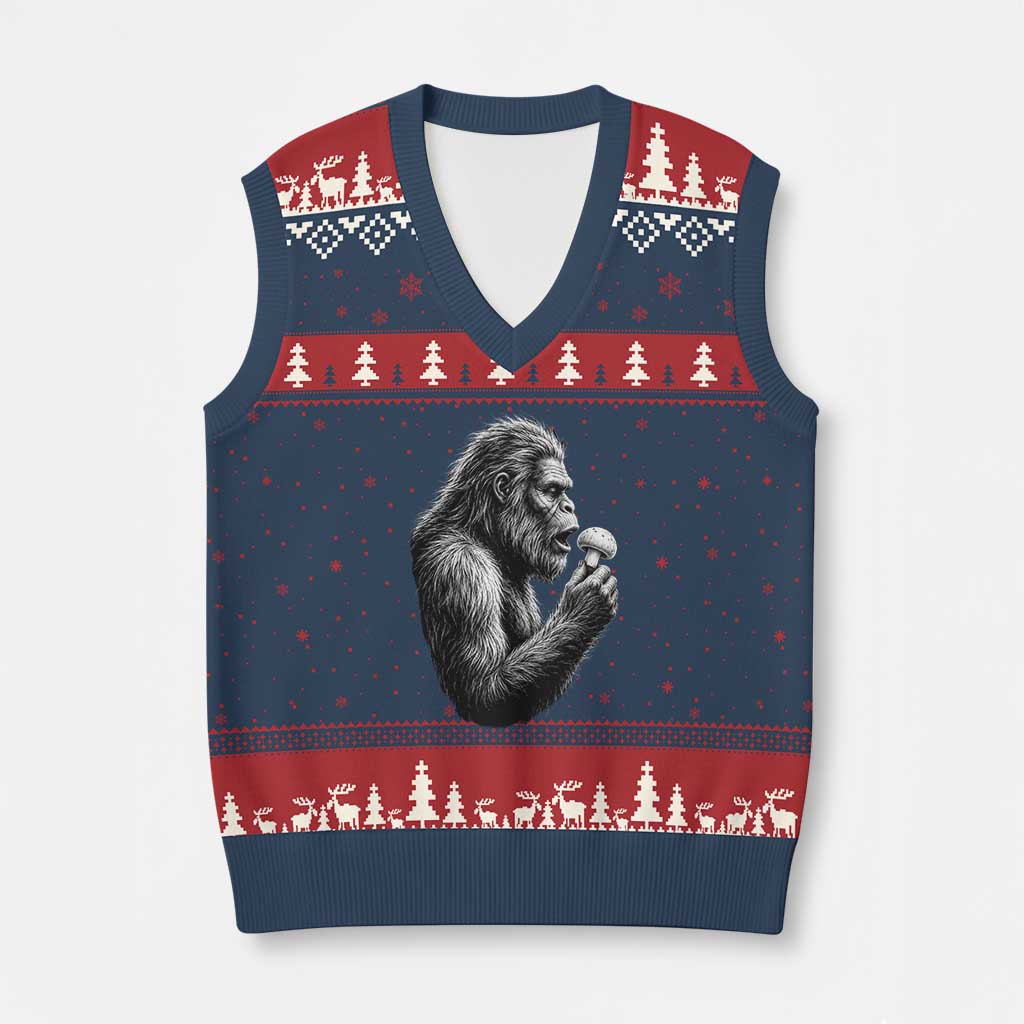 Bigfoot Mushroom V-Neck Knit Sweater Vest Vintage Sasquatch Art Mystical Nature Lover Retro