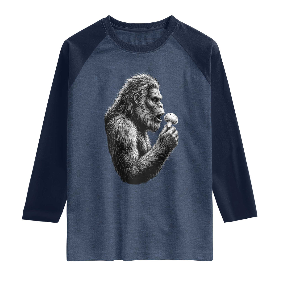 Bigfoot Mushroom Raglan Shirt Vintage Sasquatch Art Mystical Nature Lover Retro