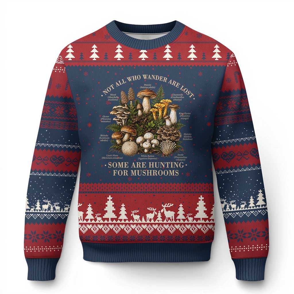Mushroom Lovers Ugly Christmas Sweater Not All Who Wander Are Lost Some Are Hunting For Mushrooms Vintage Botanical Graphic TS10 Navy Red Print Your Wear