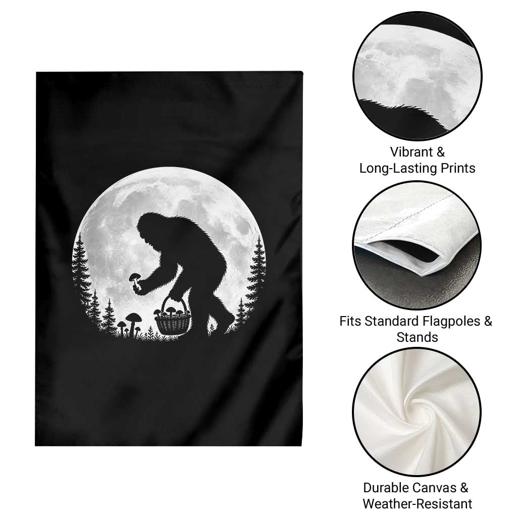 Bigfoot Mushroom Hunter Garden Flag Vintage Sasquatch Art Mystical Nature Lover Retro Full Moon