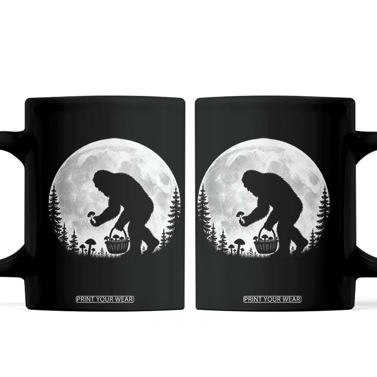 Bigfoot Mushroom Hunter Coffee Mug Vintage Sasquatch Art Mystical Nature Lover Retro Full Moon