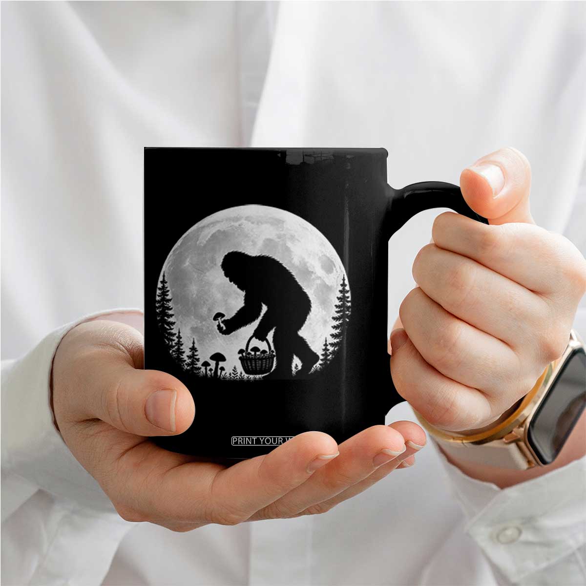 Bigfoot Mushroom Hunter Coffee Mug Vintage Sasquatch Art Mystical Nature Lover Retro Full Moon
