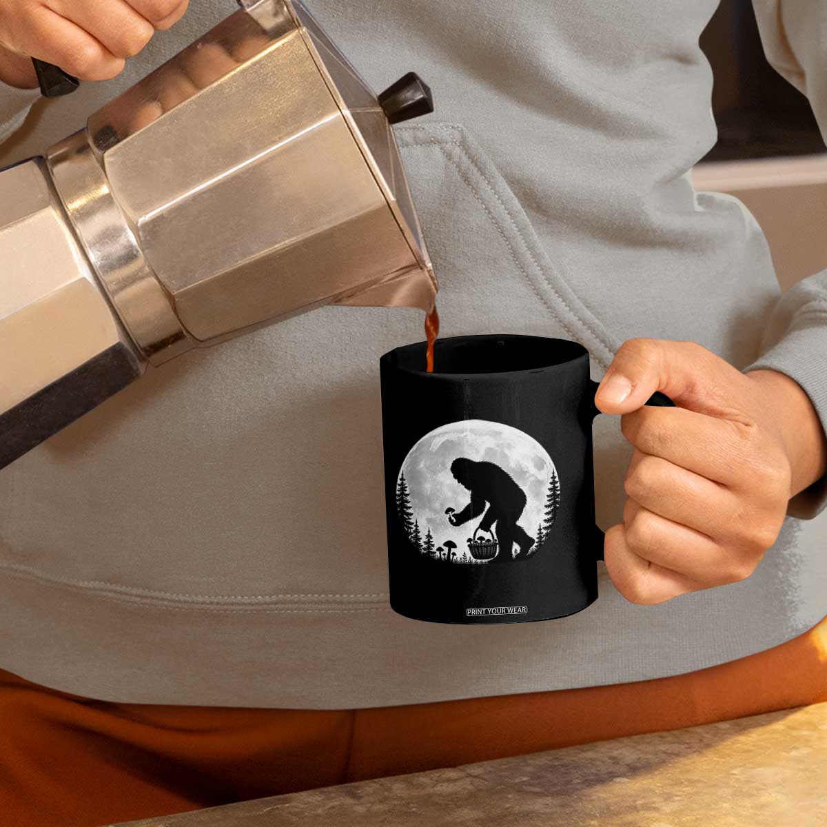 Bigfoot Mushroom Hunter Coffee Mug Vintage Sasquatch Art Mystical Nature Lover Retro Full Moon