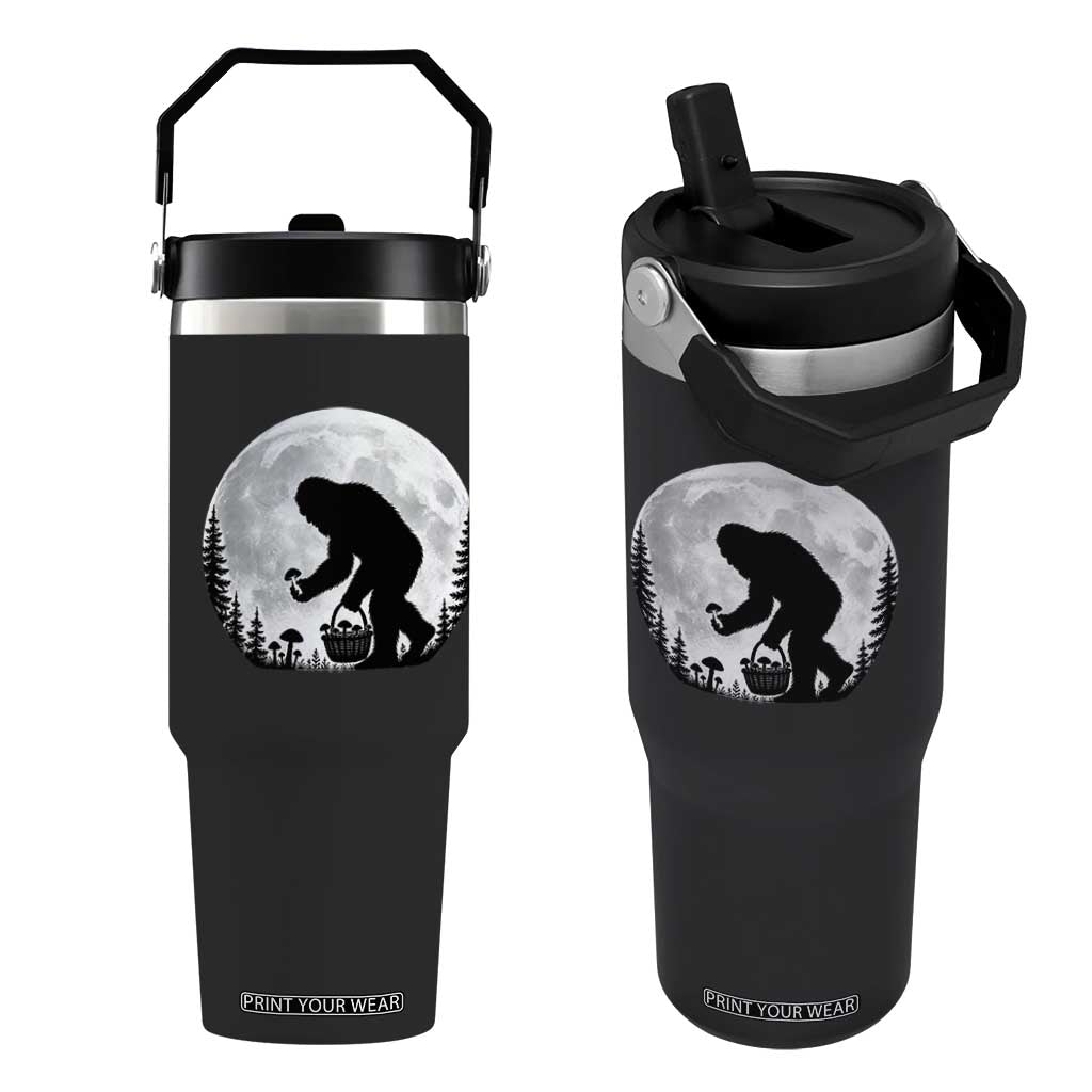 Bigfoot Mushroom Hunter Flip Straw Tumbler Vintage Sasquatch Art Mystical Nature Lover Retro Full Moon