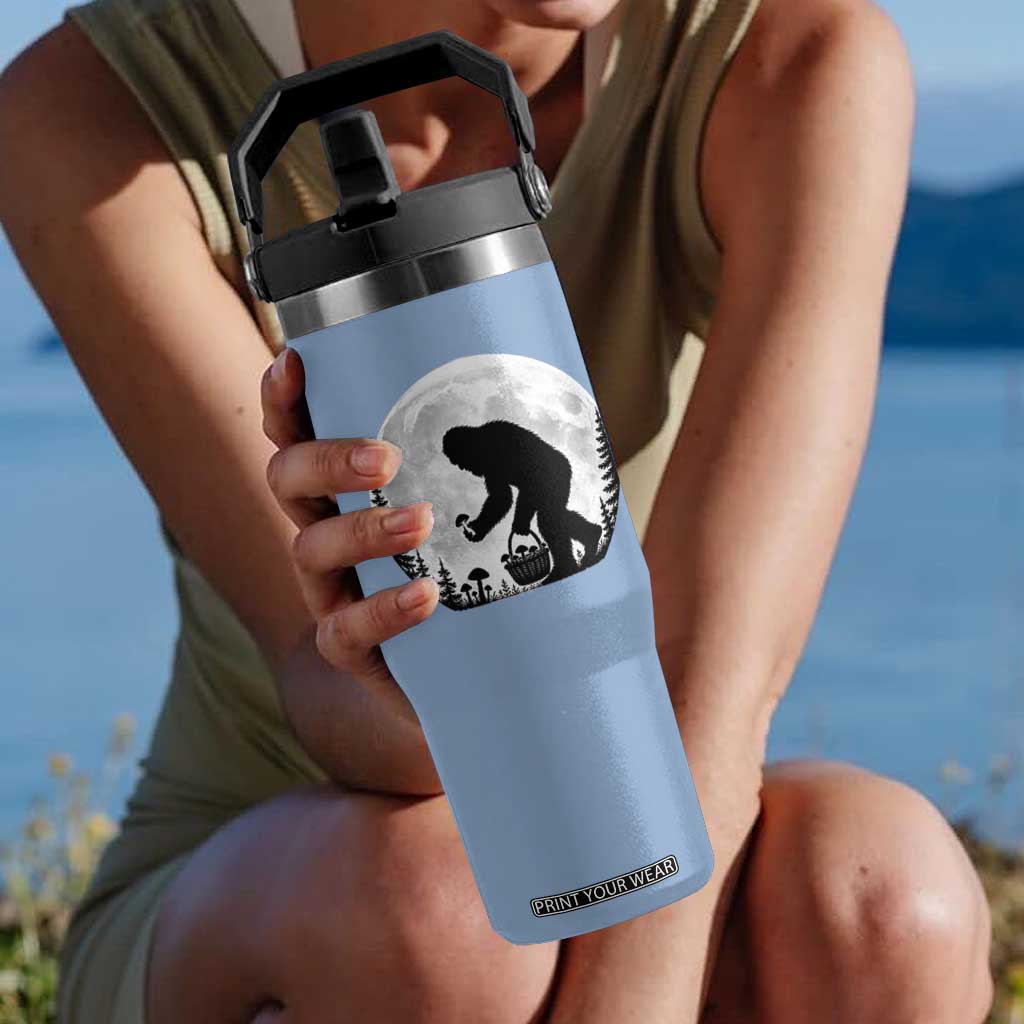 Bigfoot Mushroom Hunter Flip Straw Tumbler Vintage Sasquatch Art Mystical Nature Lover Retro Full Moon