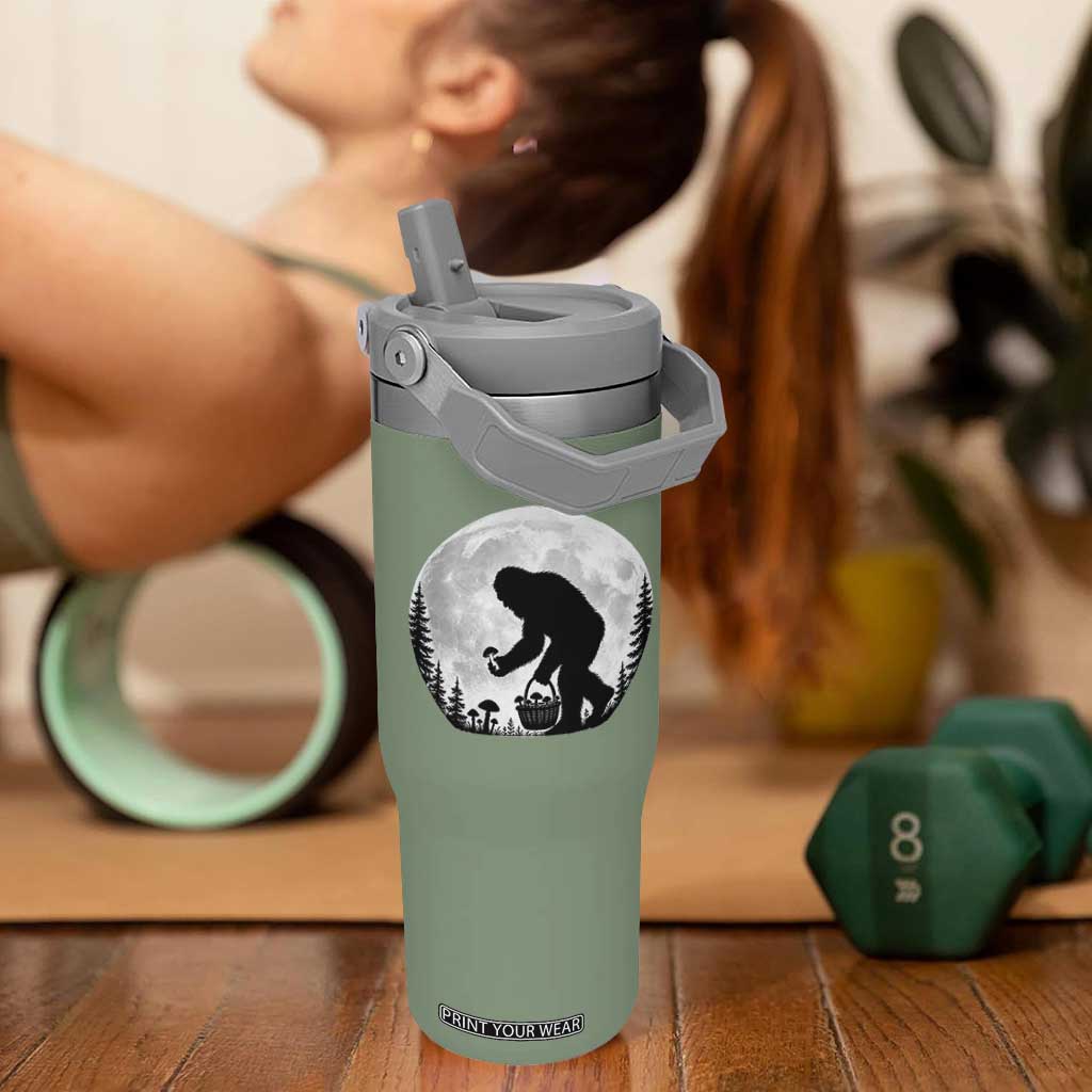 Bigfoot Mushroom Hunter Flip Straw Tumbler Vintage Sasquatch Art Mystical Nature Lover Retro Full Moon