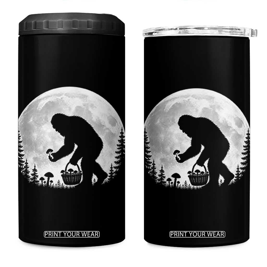 Bigfoot Mushroom Hunter 4 in 1 Can Cooler Tumbler Vintage Sasquatch Art Mystical Nature Lover Retro Full Moon