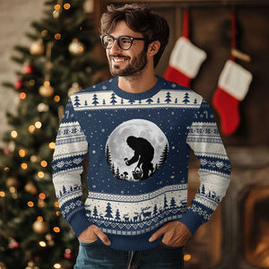 Bigfoot Mushroom Hunter Ugly Christmas Sweater Vintage Sasquatch Art Mystical Nature Lover Retro Full Moon