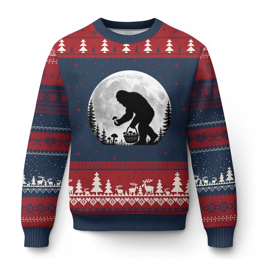 Bigfoot Mushroom Hunter Ugly Christmas Sweater Vintage Sasquatch Art Mystical Nature Lover Retro Full Moon TS10 Navy Red Print Your Wear
