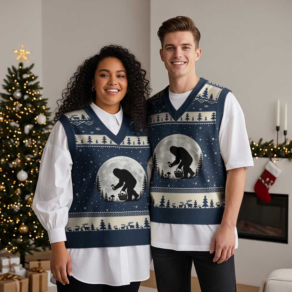 Bigfoot Mushroom Hunter V-Neck Knit Sweater Vest Vintage Sasquatch Art Mystical Nature Lover Retro Full Moon