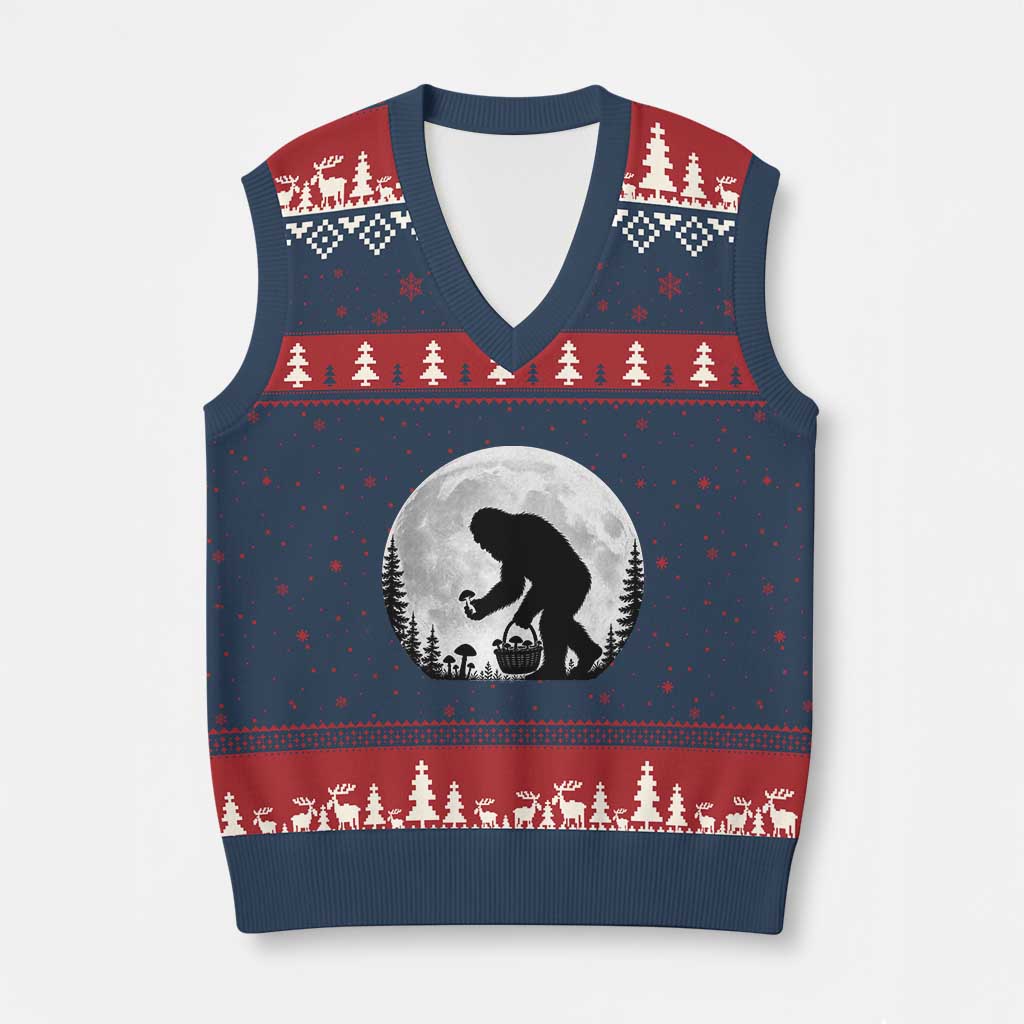 Bigfoot Mushroom Hunter V-Neck Knit Sweater Vest Vintage Sasquatch Art Mystical Nature Lover Retro Full Moon