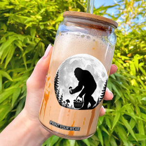 Bigfoot Mushroom Hunter Glass Can Vintage Sasquatch Art Mystical Nature Lover Retro Full Moon