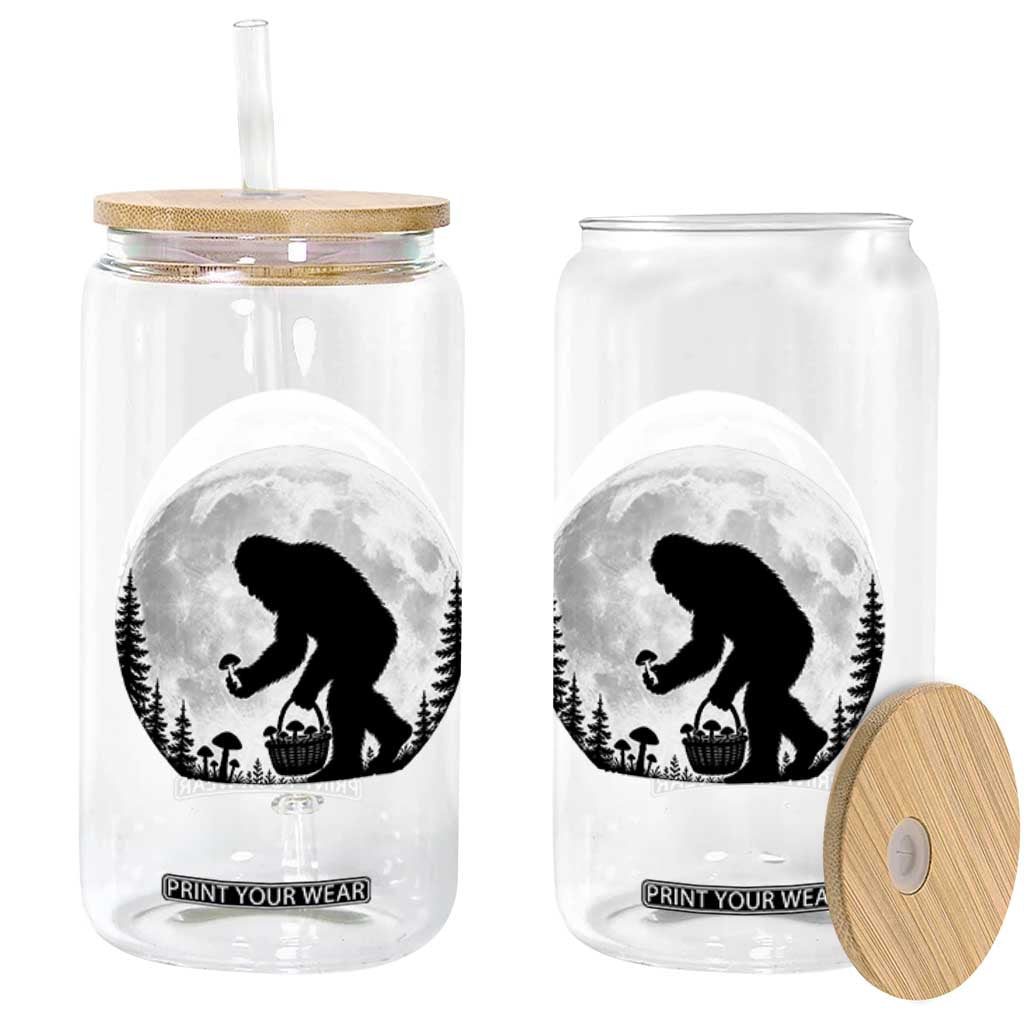 Bigfoot Mushroom Hunter Glass Can Vintage Sasquatch Art Mystical Nature Lover Retro Full Moon