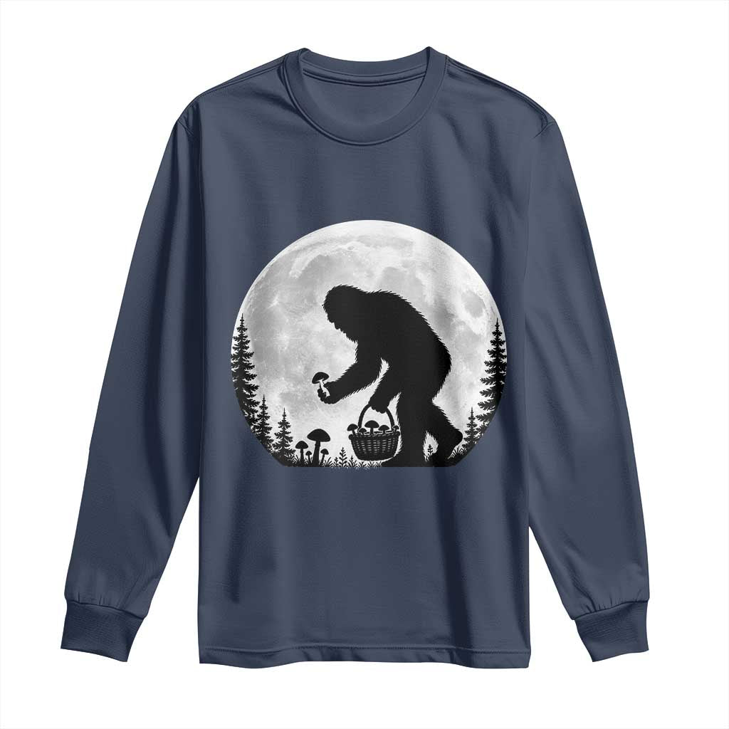Bigfoot Mushroom Hunter Long Sleeve Shirt Vintage Sasquatch Art Mystical Nature Lover Retro Full Moon