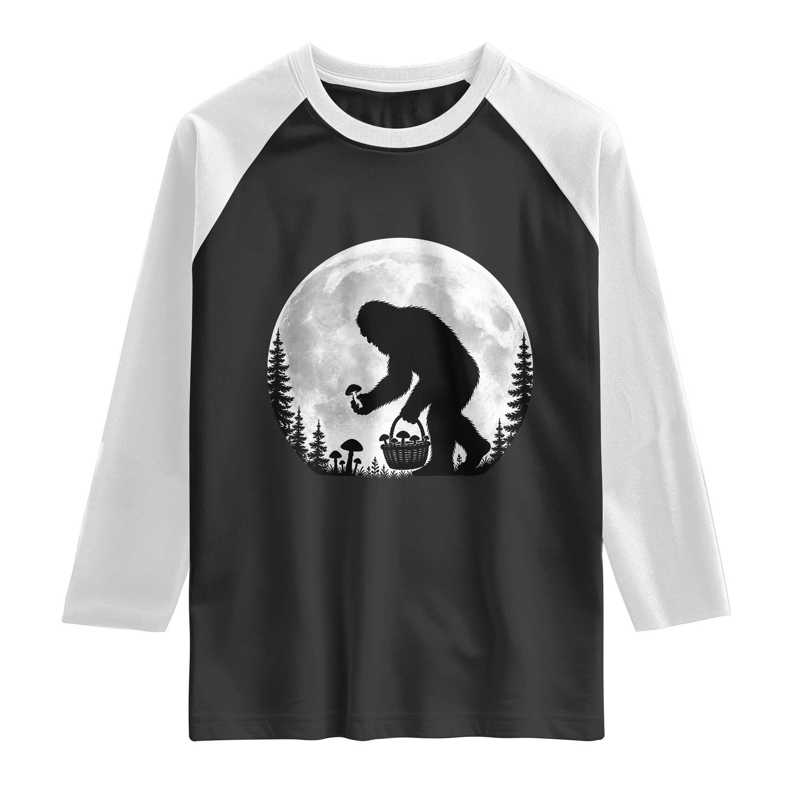 Bigfoot Mushroom Hunter Raglan Shirt Vintage Sasquatch Art Mystical Nature Lover Retro Full Moon TS10 Black White Print Your Wear