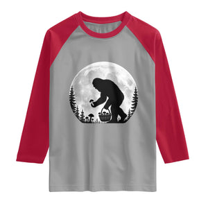 Bigfoot Mushroom Hunter Raglan Shirt Vintage Sasquatch Art Mystical Nature Lover Retro Full Moon