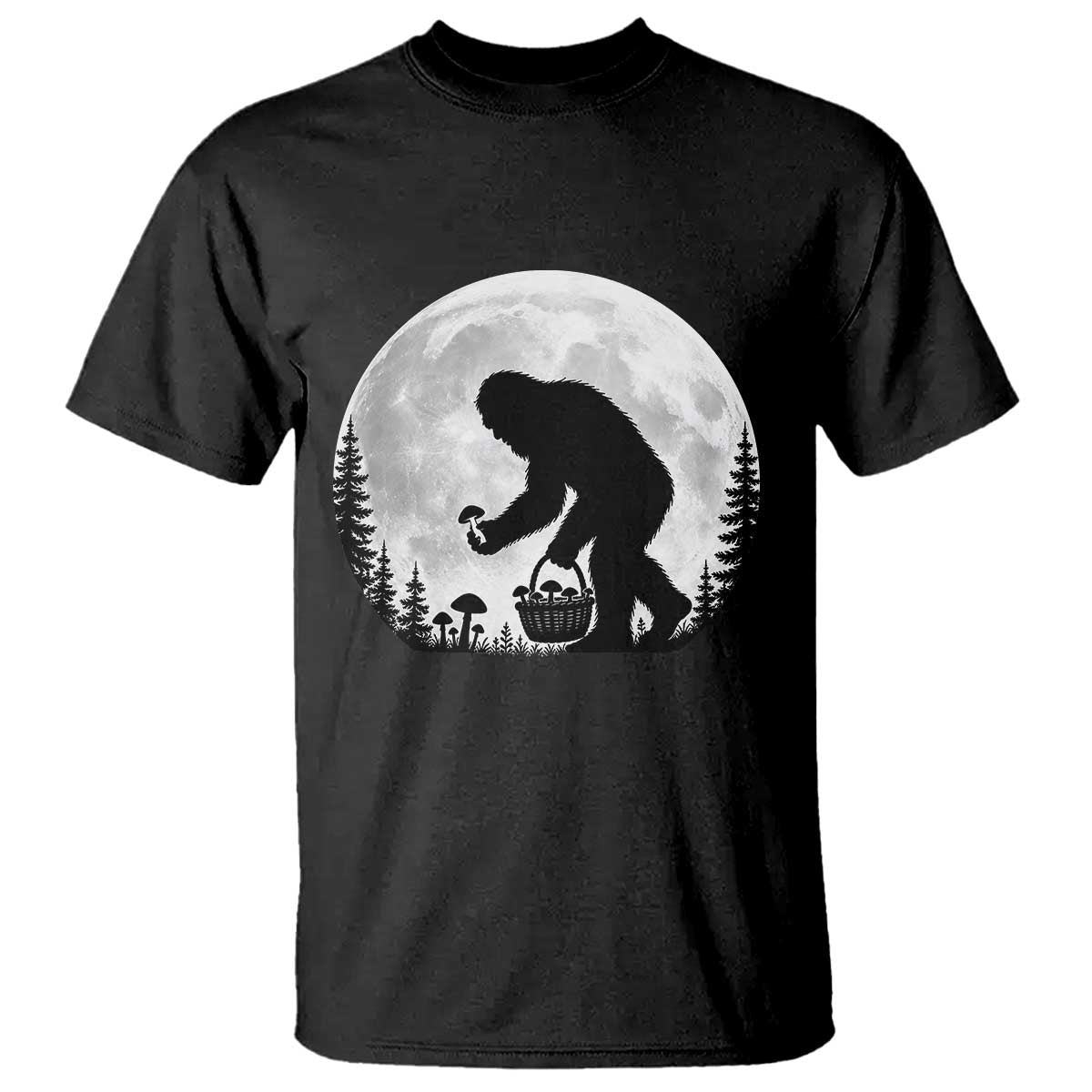 Bigfoot Mushroom Hunter T Shirt Vintage Sasquatch Art Mystical Nature Lover Retro Full Moon