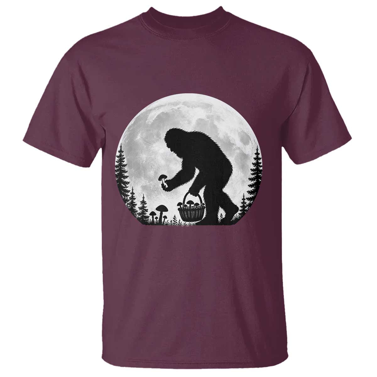 Bigfoot Mushroom Hunter T Shirt Vintage Sasquatch Art Mystical Nature Lover Retro Full Moon