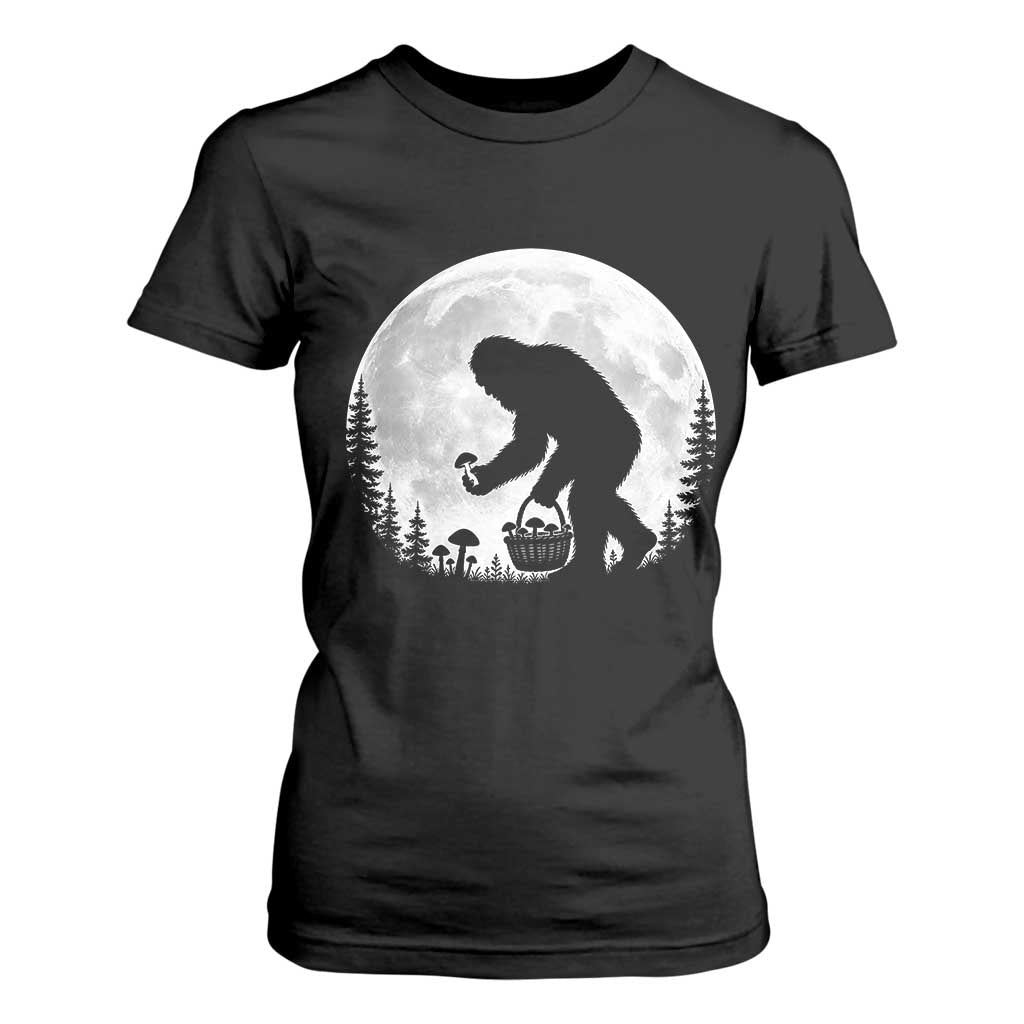 Bigfoot Mushroom Hunter T Shirt For Women Vintage Sasquatch Art Mystical Nature Lover Retro Full Moon
