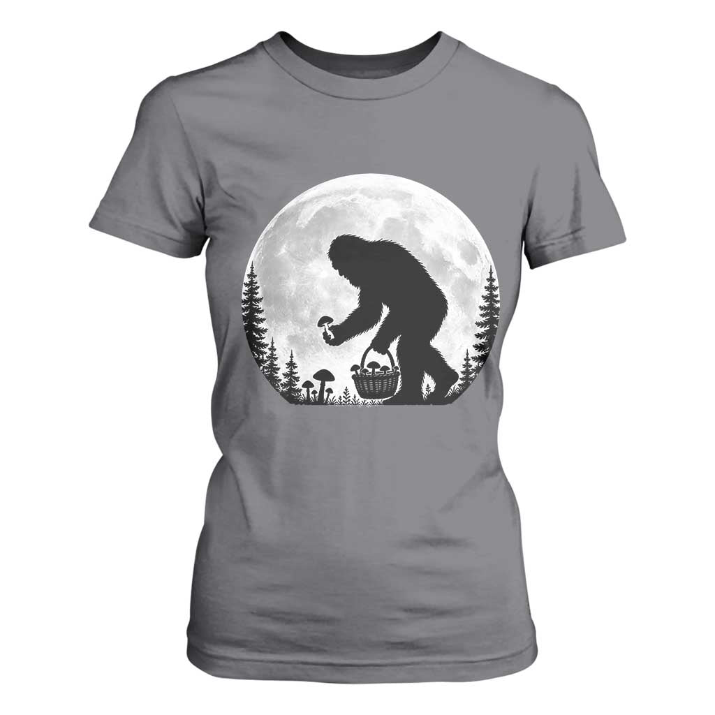 Bigfoot Mushroom Hunter T Shirt For Women Vintage Sasquatch Art Mystical Nature Lover Retro Full Moon
