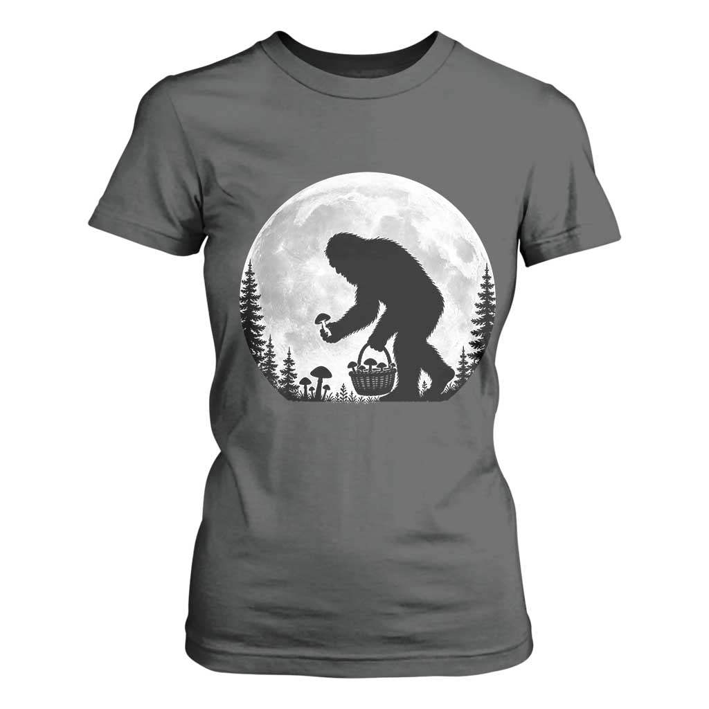 Bigfoot Mushroom Hunter T Shirt For Women Vintage Sasquatch Art Mystical Nature Lover Retro Full Moon