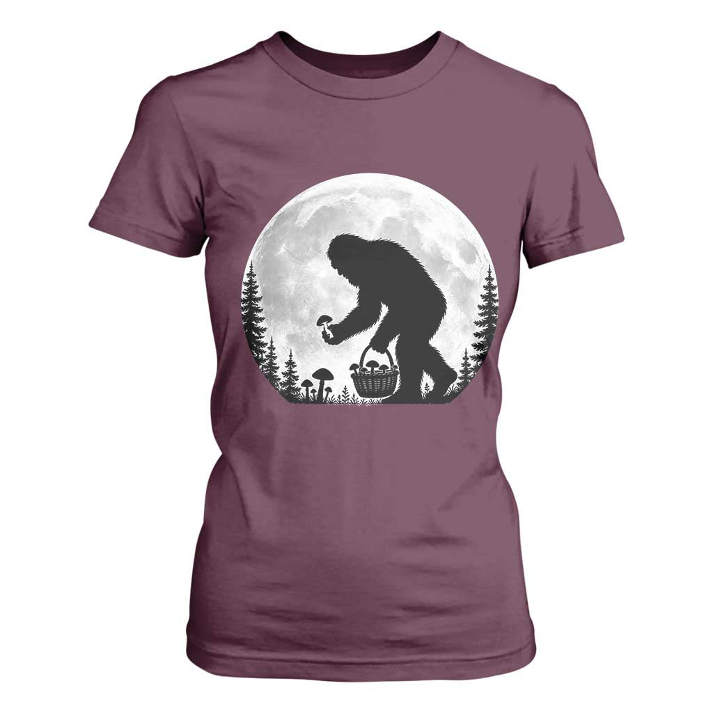 Bigfoot Mushroom Hunter T Shirt For Women Vintage Sasquatch Art Mystical Nature Lover Retro Full Moon