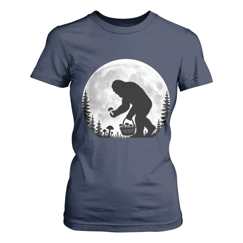 Bigfoot Mushroom Hunter T Shirt For Women Vintage Sasquatch Art Mystical Nature Lover Retro Full Moon