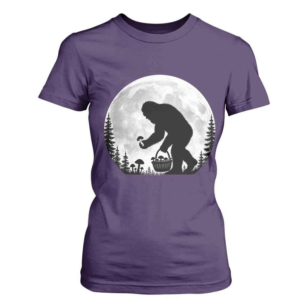 Bigfoot Mushroom Hunter T Shirt For Women Vintage Sasquatch Art Mystical Nature Lover Retro Full Moon