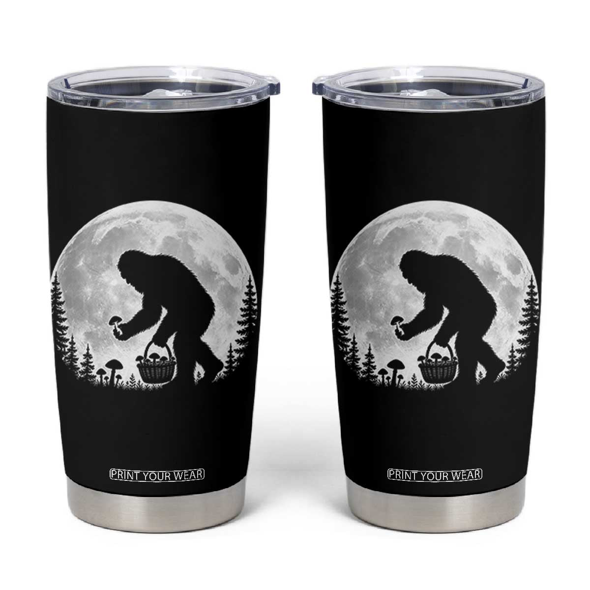 Bigfoot Mushroom Hunter Tumbler Cup Vintage Sasquatch Art Mystical Nature Lover Retro Full Moon TS10 Black Print Your Wear