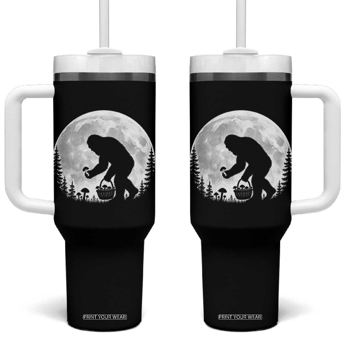 Bigfoot Mushroom Hunter Tumbler With Handle Vintage Sasquatch Art Mystical Nature Lover Retro Full Moon TS10 One Size: 40 oz Black Print Your Wear