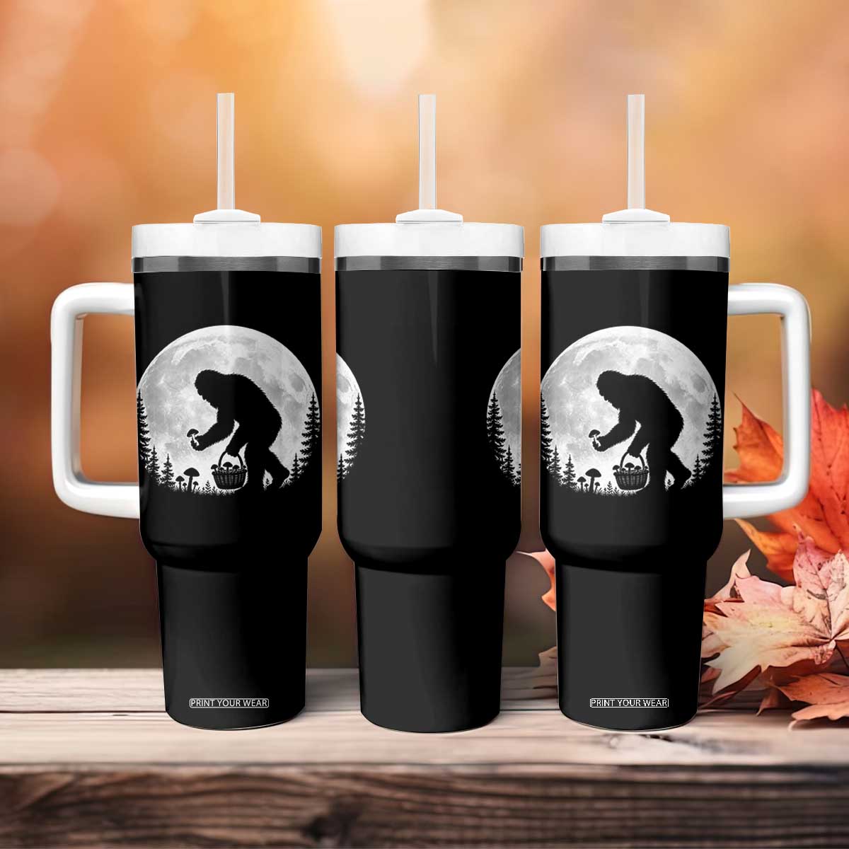 Bigfoot Mushroom Hunter Tumbler With Handle Vintage Sasquatch Art Mystical Nature Lover Retro Full Moon