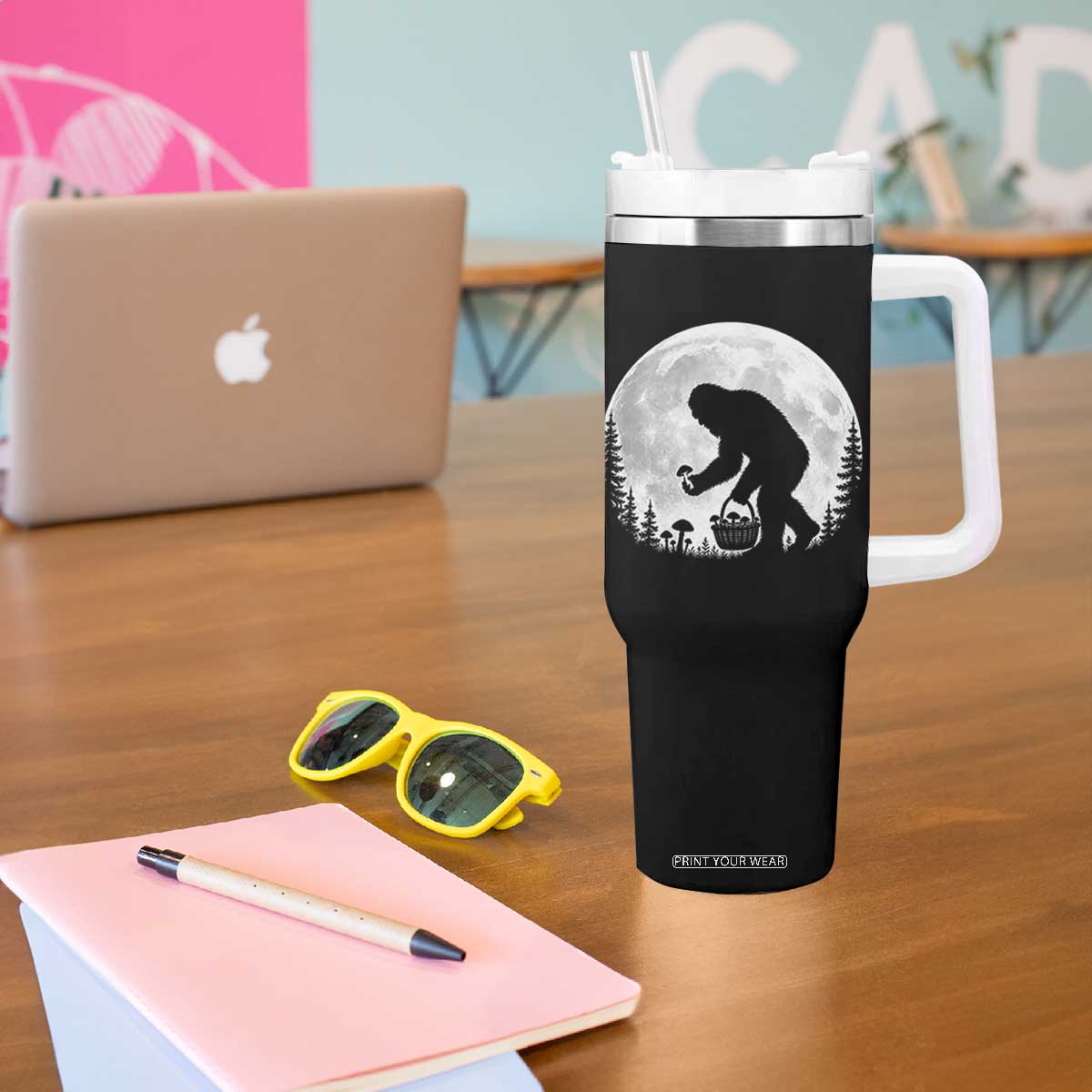 Bigfoot Mushroom Hunter Tumbler With Handle Vintage Sasquatch Art Mystical Nature Lover Retro Full Moon