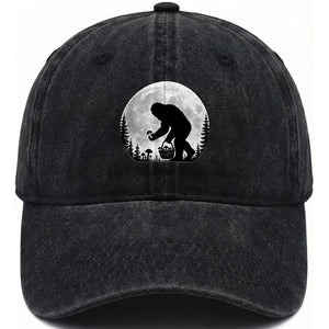 Bigfoot Mushroom Hunter Washed Cotton Baseball Cap Vintage Sasquatch Art Mystical Nature Lover Retro Full Moon