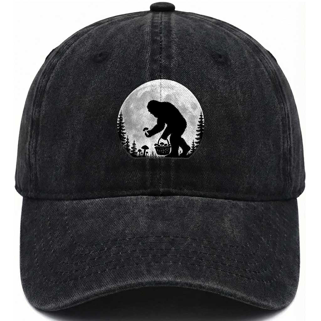 Bigfoot Mushroom Hunter Washed Cotton Baseball Cap Vintage Sasquatch Art Mystical Nature Lover Retro Full Moon TS10 Print Your Wear