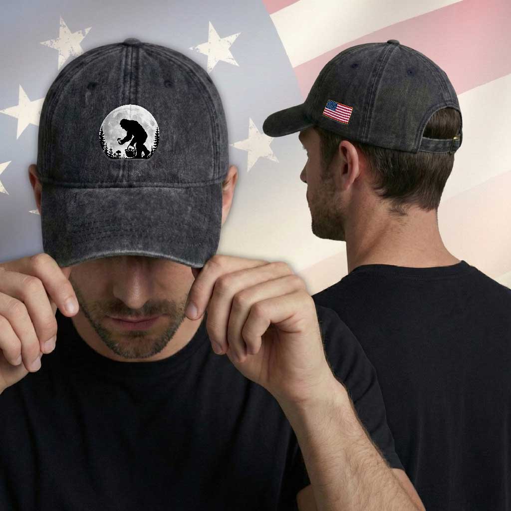 Bigfoot Mushroom Hunter Washed Cotton Baseball Cap Vintage Sasquatch Art Mystical Nature Lover Retro Full Moon