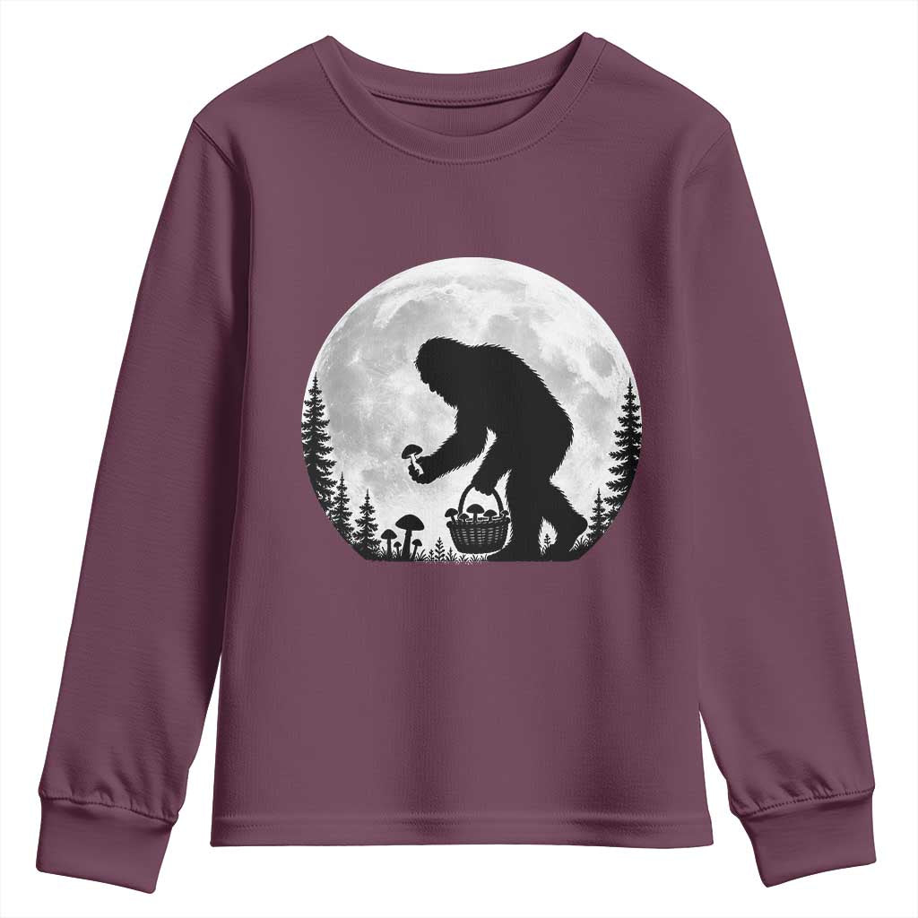 Bigfoot Mushroom Hunter Youth Sweatshirt Vintage Sasquatch Art Mystical Nature Lover Retro Full Moon